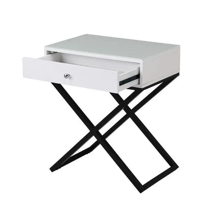 Koda end side table white with glass top, single drawer, black cross-base X-frame on Tampa Home & Garden Store
