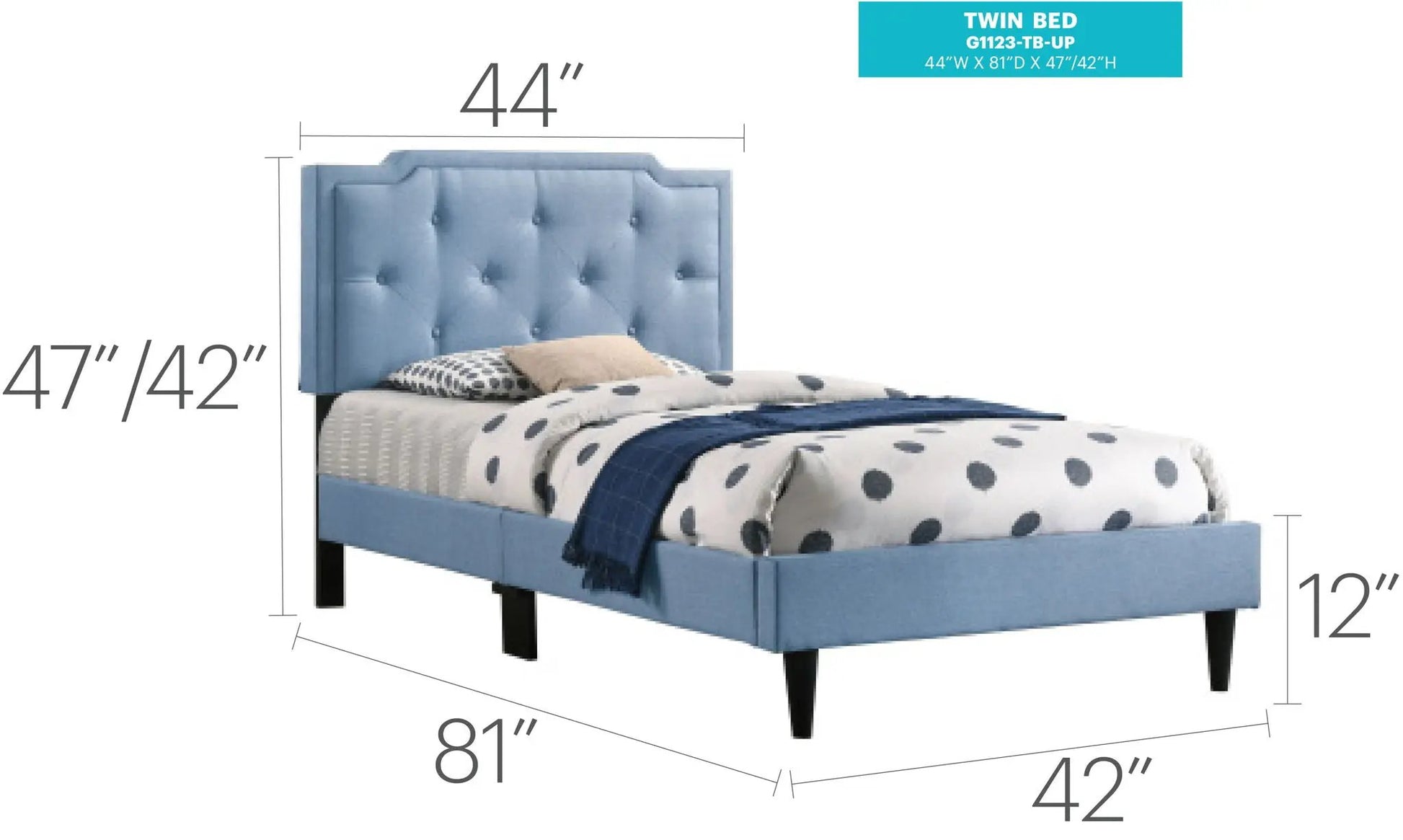 Upholstered twin bed with blue button-tufted headboard and dark legs by Unique Piece Furniture on Tampa Home & Garden Store