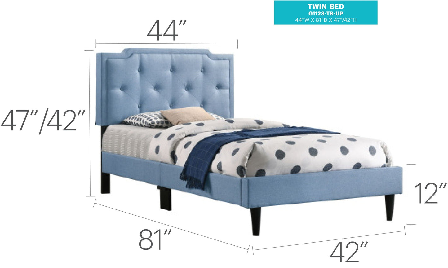 Button tufted upholstered bed in blue fabric with tall tufted headboard and dark legs on Tampa Home & Garden Store