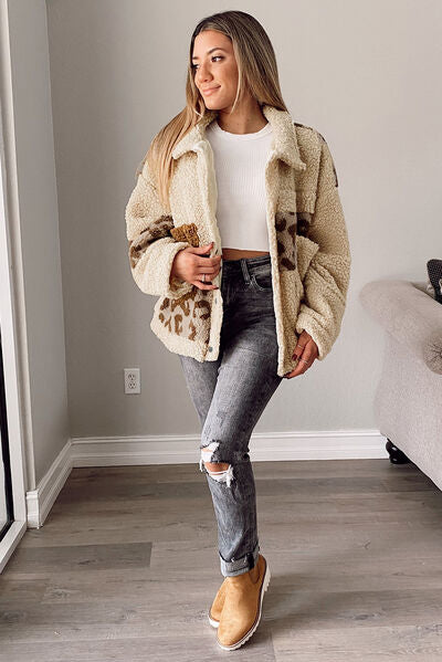Stevvex leopard print sherpa jacket for women with collared neck and functional pockets on Tampa Home & Garden Store