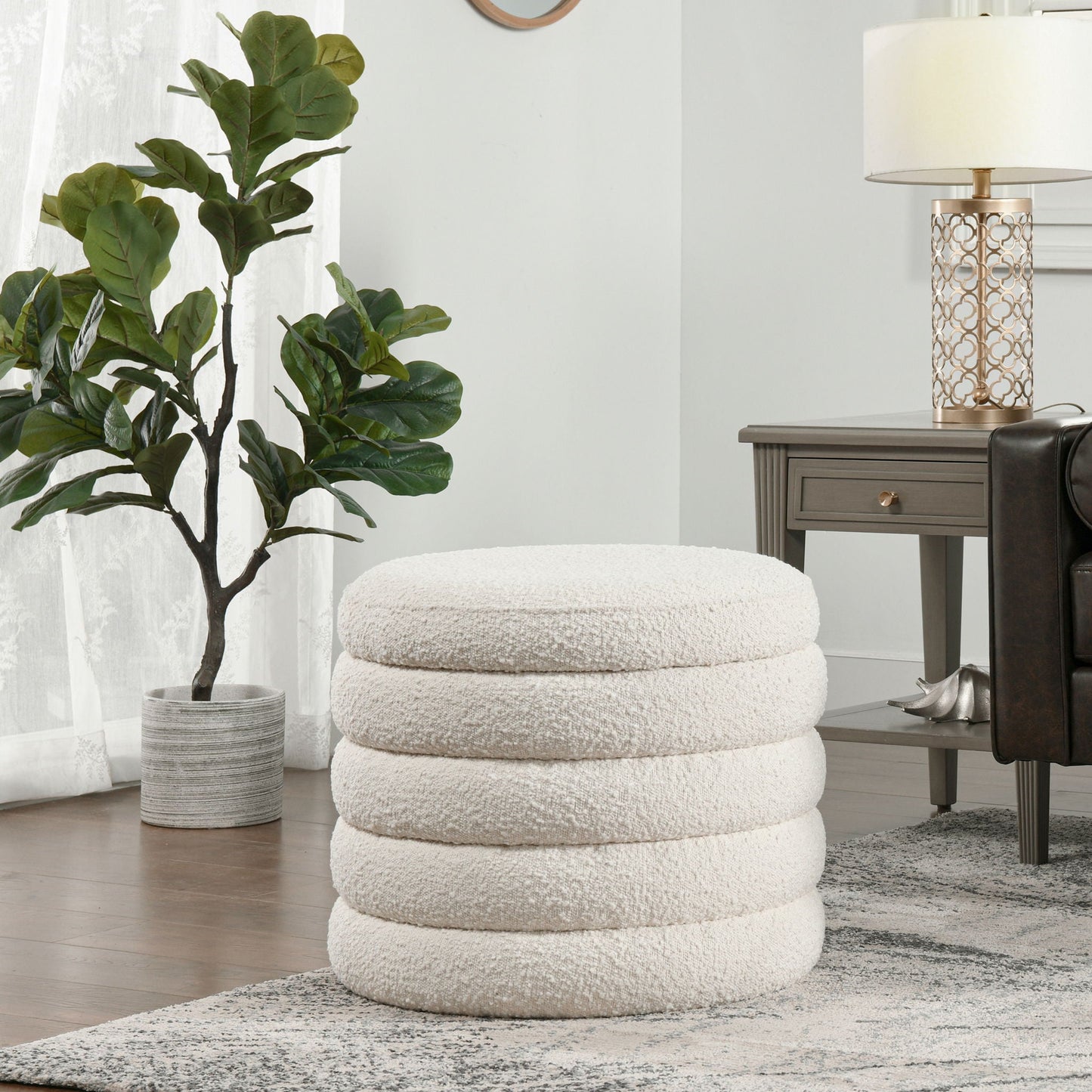 Fuji oversized round storage ottoman trio in white boucle fabric on Tampa Home & Garden Store