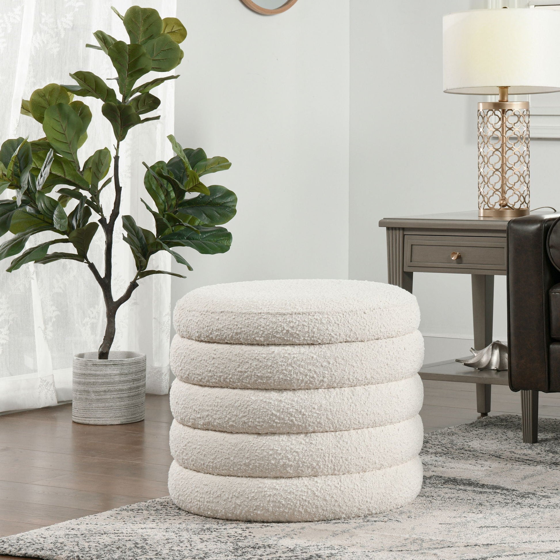 Fuji oversized round storage ottoman trio in white boucle fabric on Tampa Home & Garden Store