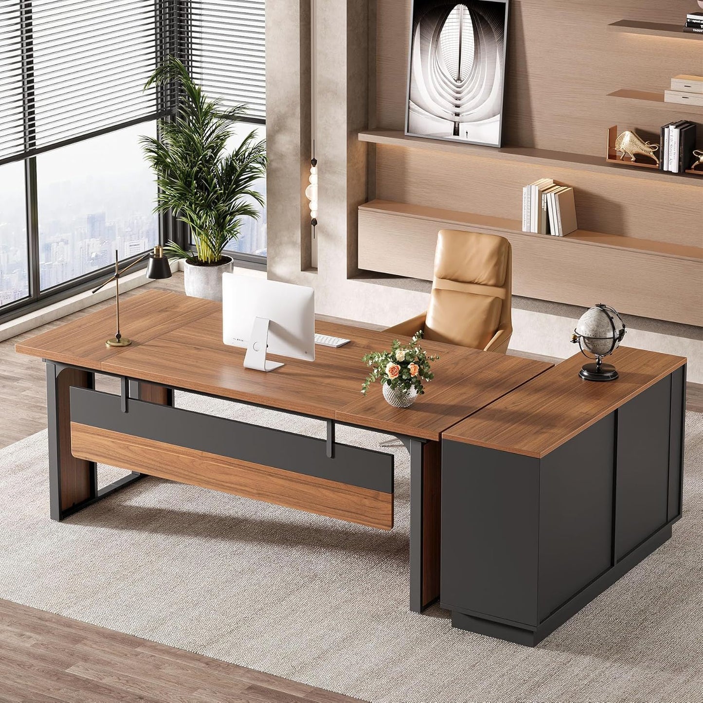 L-shaped executive desk with file cabinet brown wood top and black base, drawers and open shelves by HouseOfZazla on Tampa Home & Garden Store
