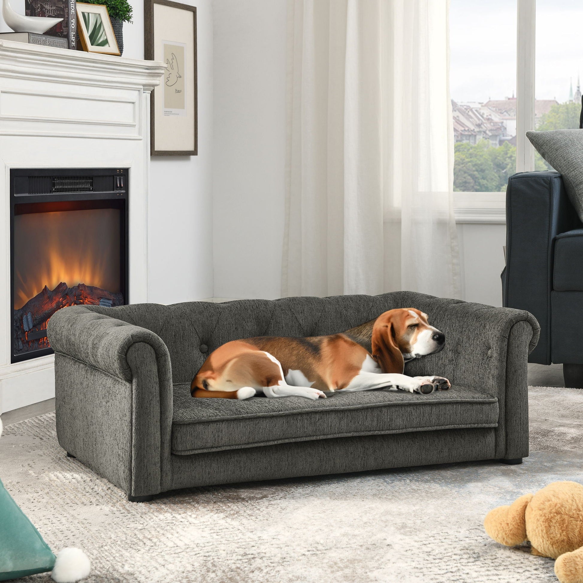 Modern Elegant Rectangle Dog Sofa in gray fabric with dogs resting on Tampa Home & Garden Store