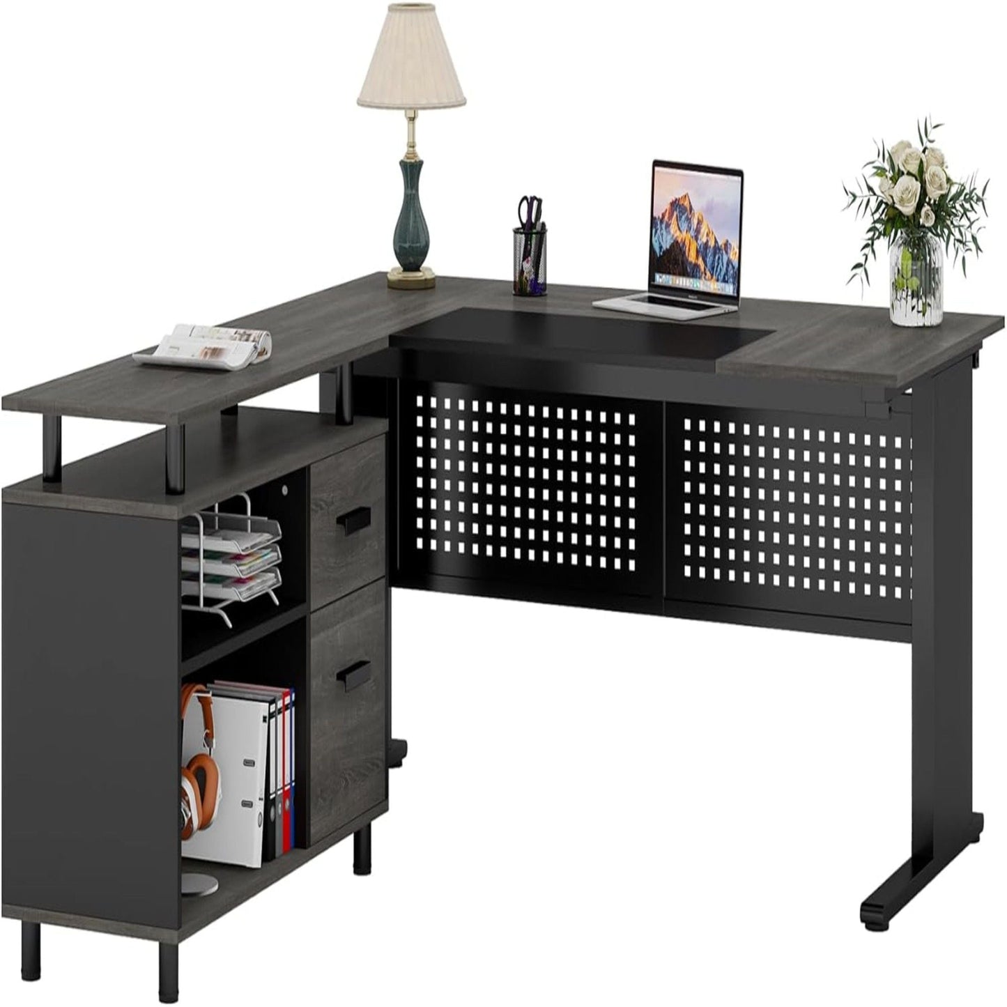 L-shaped executive desk in dark finish with file cabinet and drawers; panel storage, laptop on Tampa Home & Garden Store