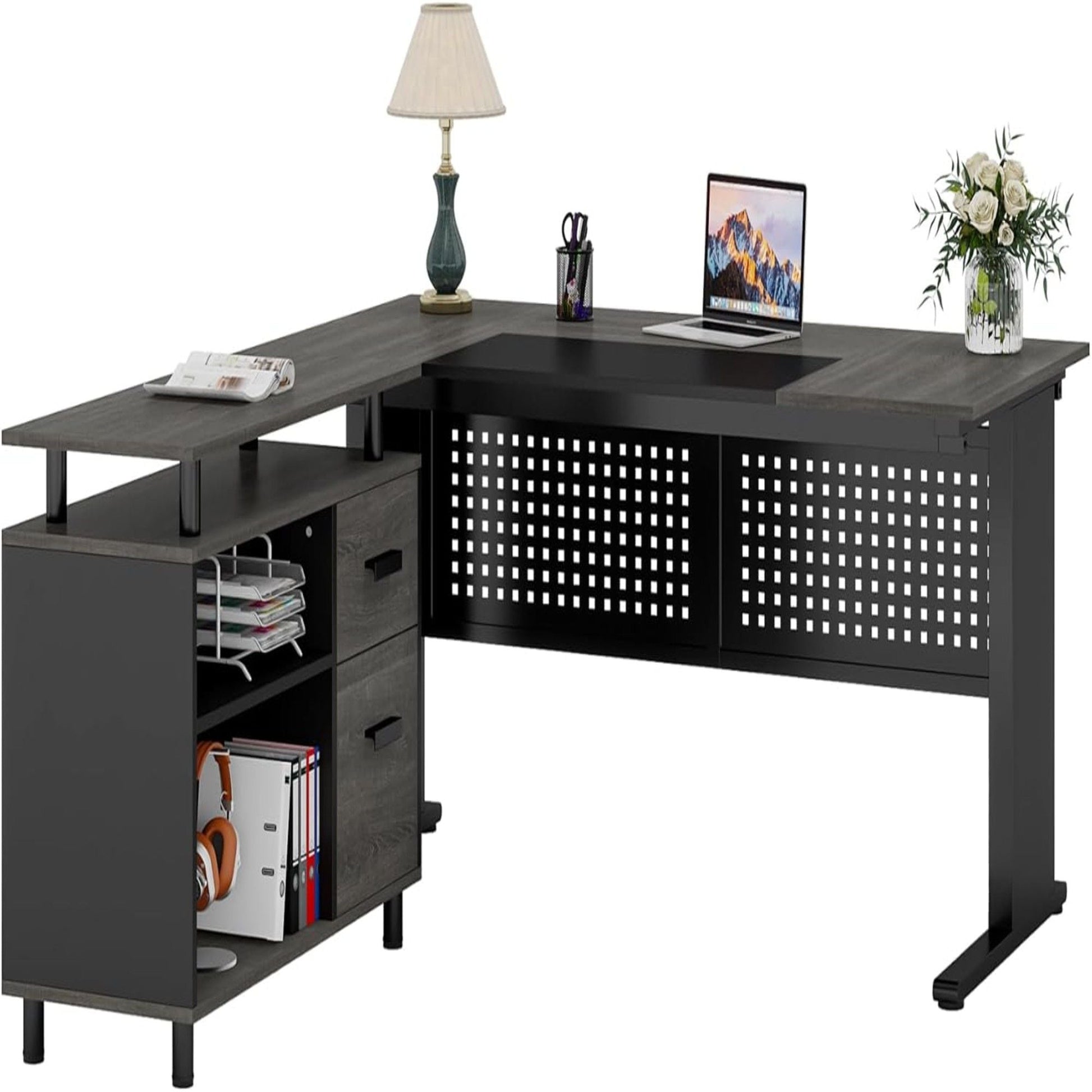 L-shaped executive desk in dark finish with file cabinet and drawers; panel storage, laptop on Tampa Home & Garden Store