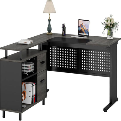 L-shaped executive desk in dark finish with file cabinet and drawers; panel storage, laptop on Tampa Home & Garden Store