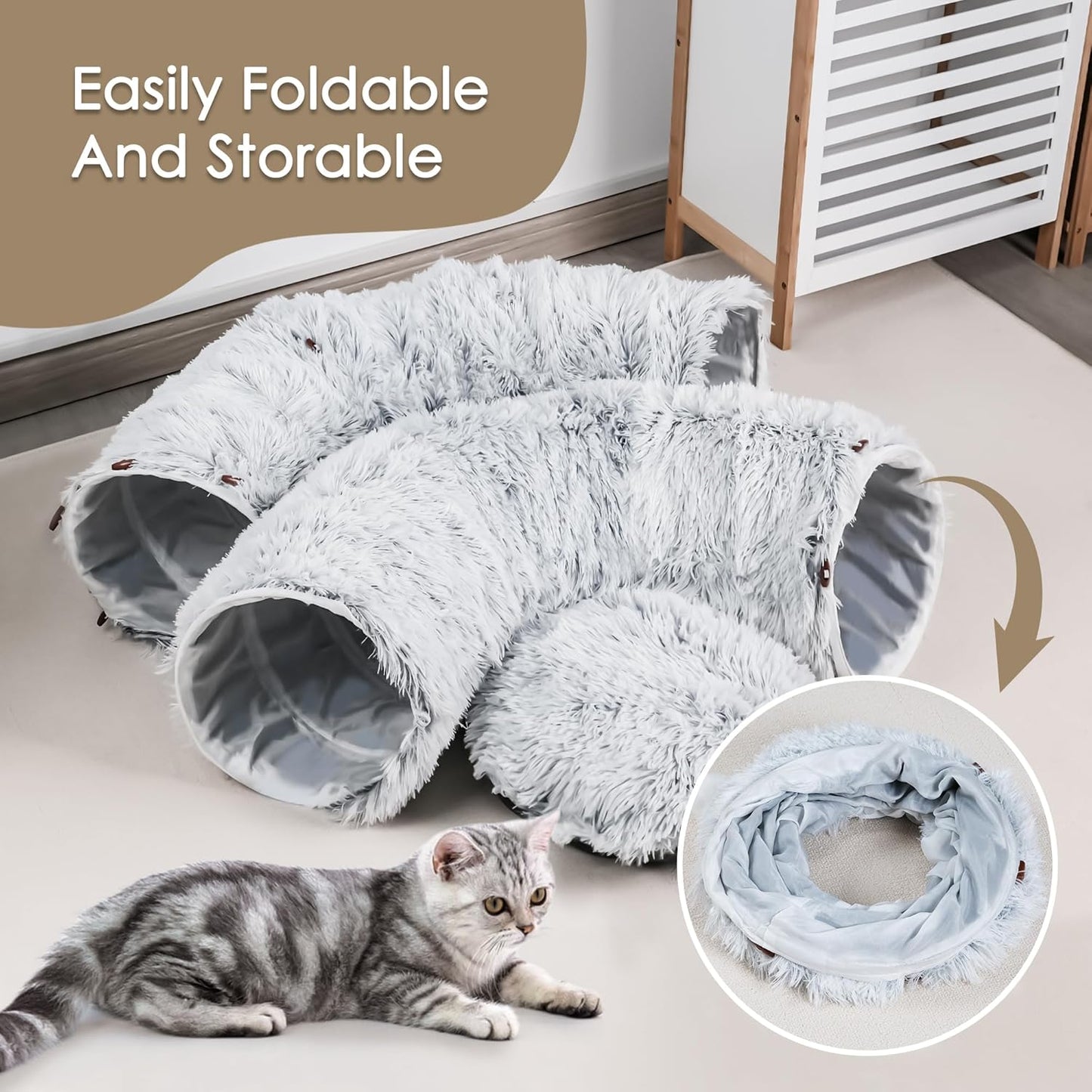 Cat tunnel bed with fluffy grey tunnels and washable soft mat, indoor cat cave on Tampa Home & Garden Store