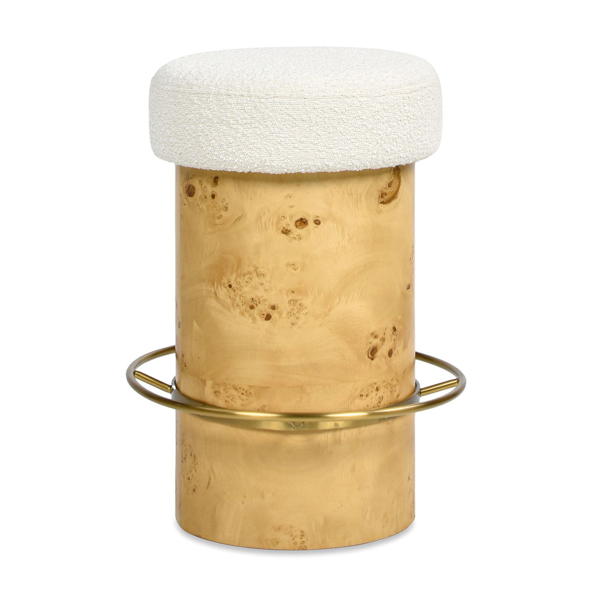Ivory boucle counter height stool with round upholstered seat on burl base by HouseOfZazla on Tampa Home & Garden Store