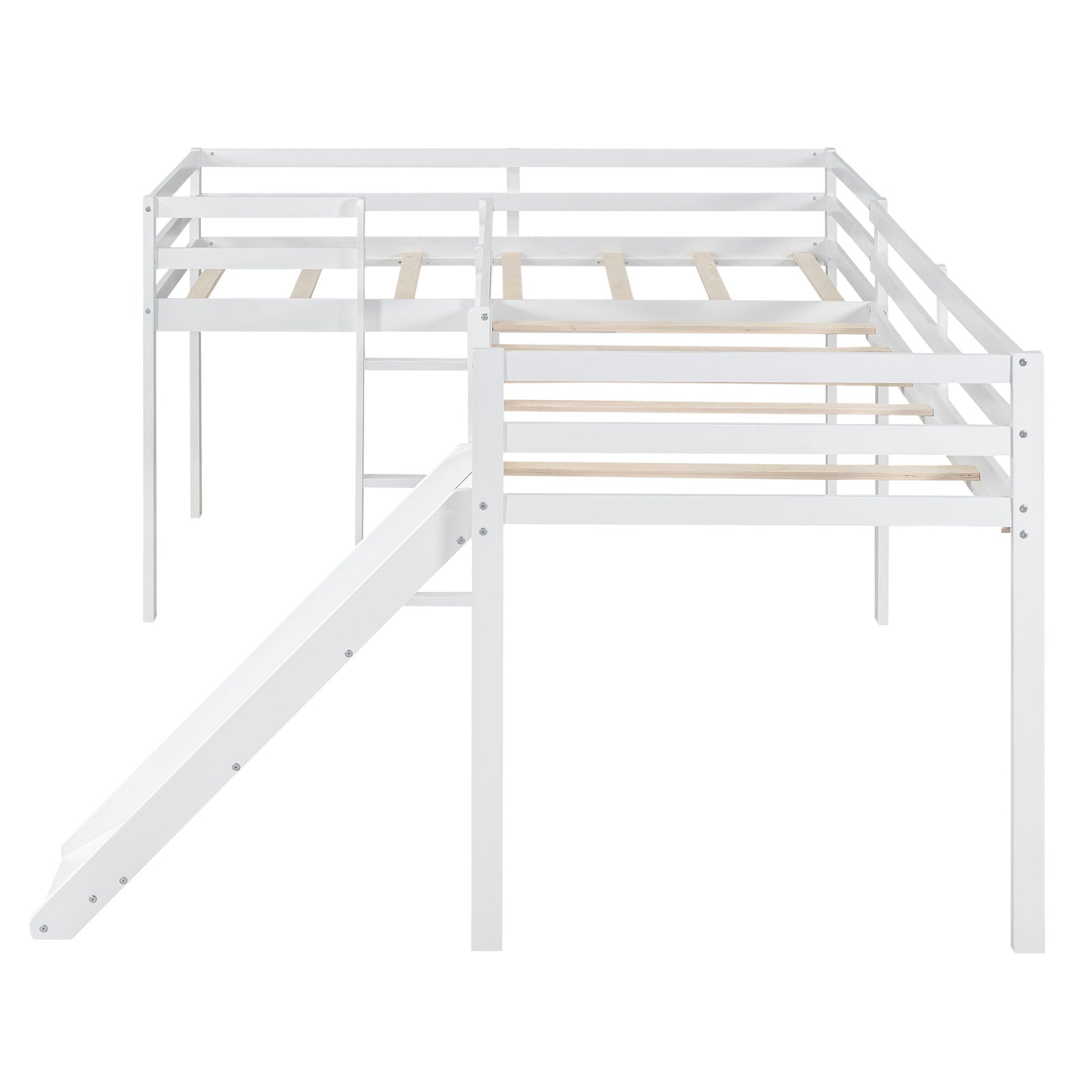 White L-shaped loft bed with ladder and slide by HouseOfZazla, wooden slat bed base on Tampa Home & Garden Store