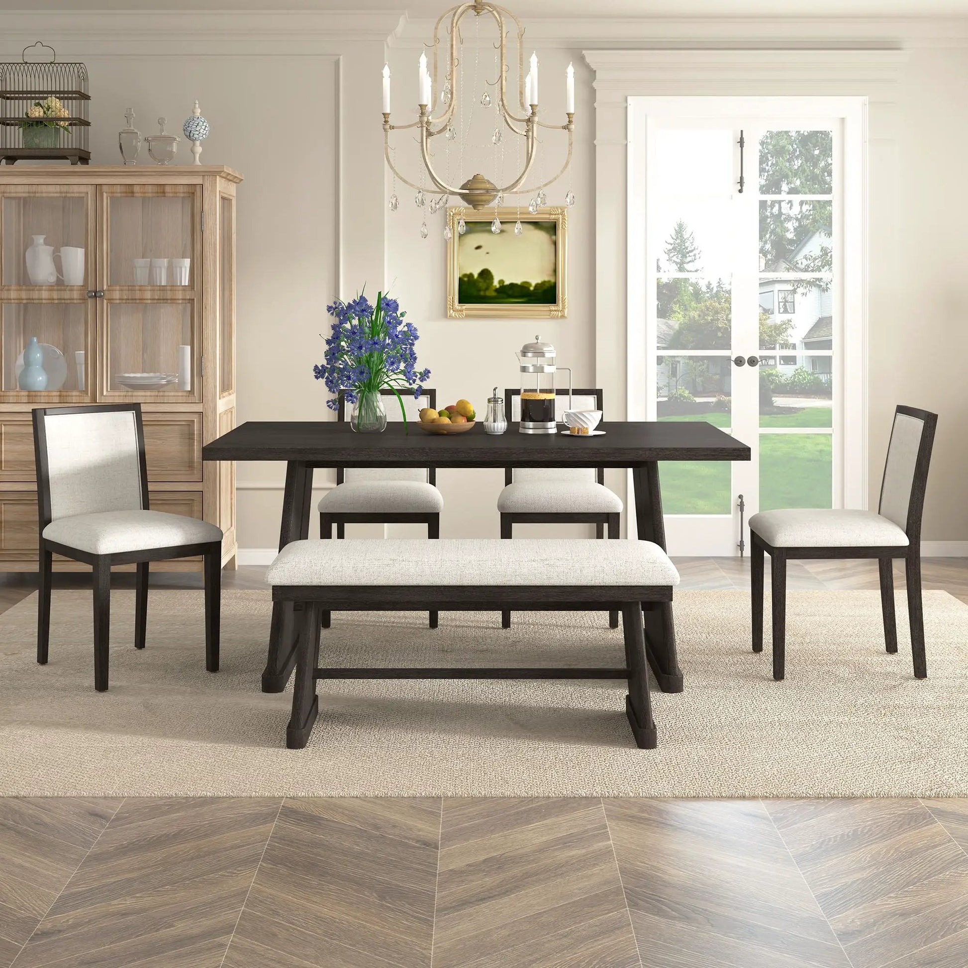 Dining set with rectangular table and seating for 4 chairs plus padded bench in dark wood on Tampa Home & Garden Store