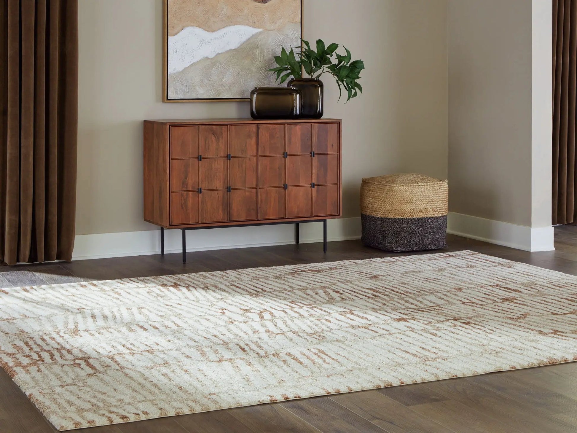 Uduak rug beige and brown striped area rug with soft texture in a living room setting on Tampa Home & Garden Store