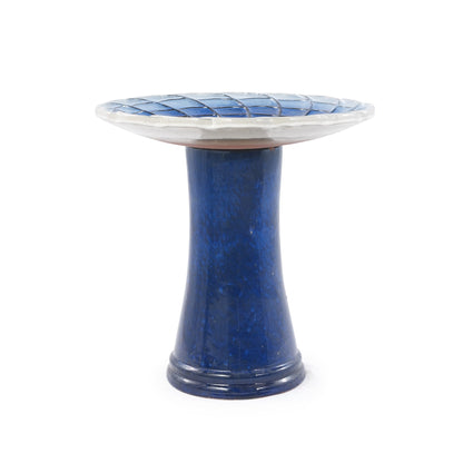 Handmade glazed ceramic bird bath with blue tiled interior on a blue pedestal on Tampa Home & Garden Store