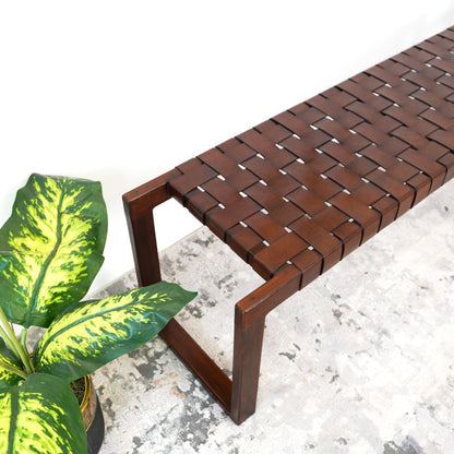 Cognac brown upholstered bench with genuine leather seat, mid-century modern on Tampa Home & Garden Store