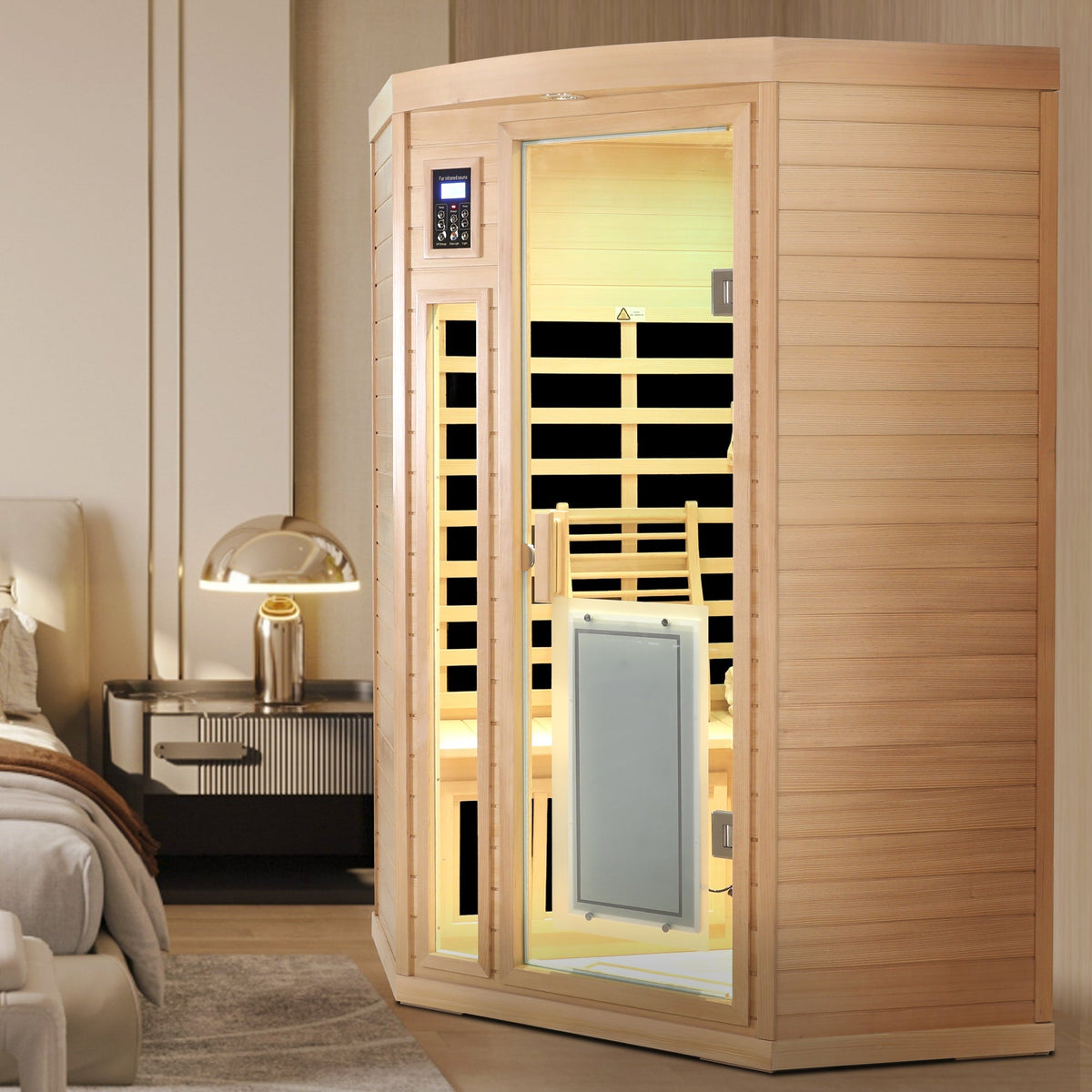 Two-person Hemlock wood infrared sauna with glass door and control panel natural finish on Tampa Home & Garden Store