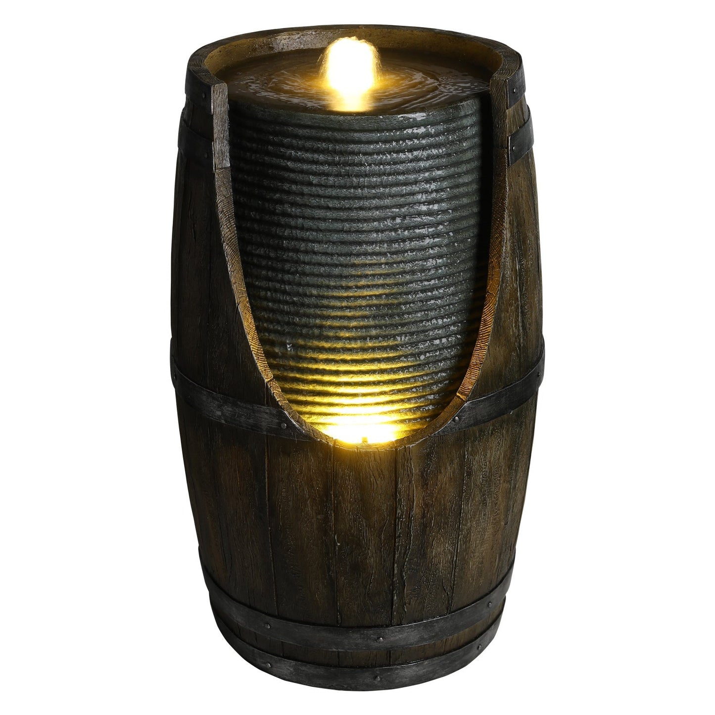 Wooden barrel water fountain with lights; dark weathered wood, metal bands, warm LED glow on Tampa Home & Garden Store