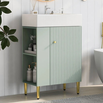 Bathroom vanity combo cabinet with single ceramic sink, mint green ribbed doors, gold legs on Tampa Home & Garden Store