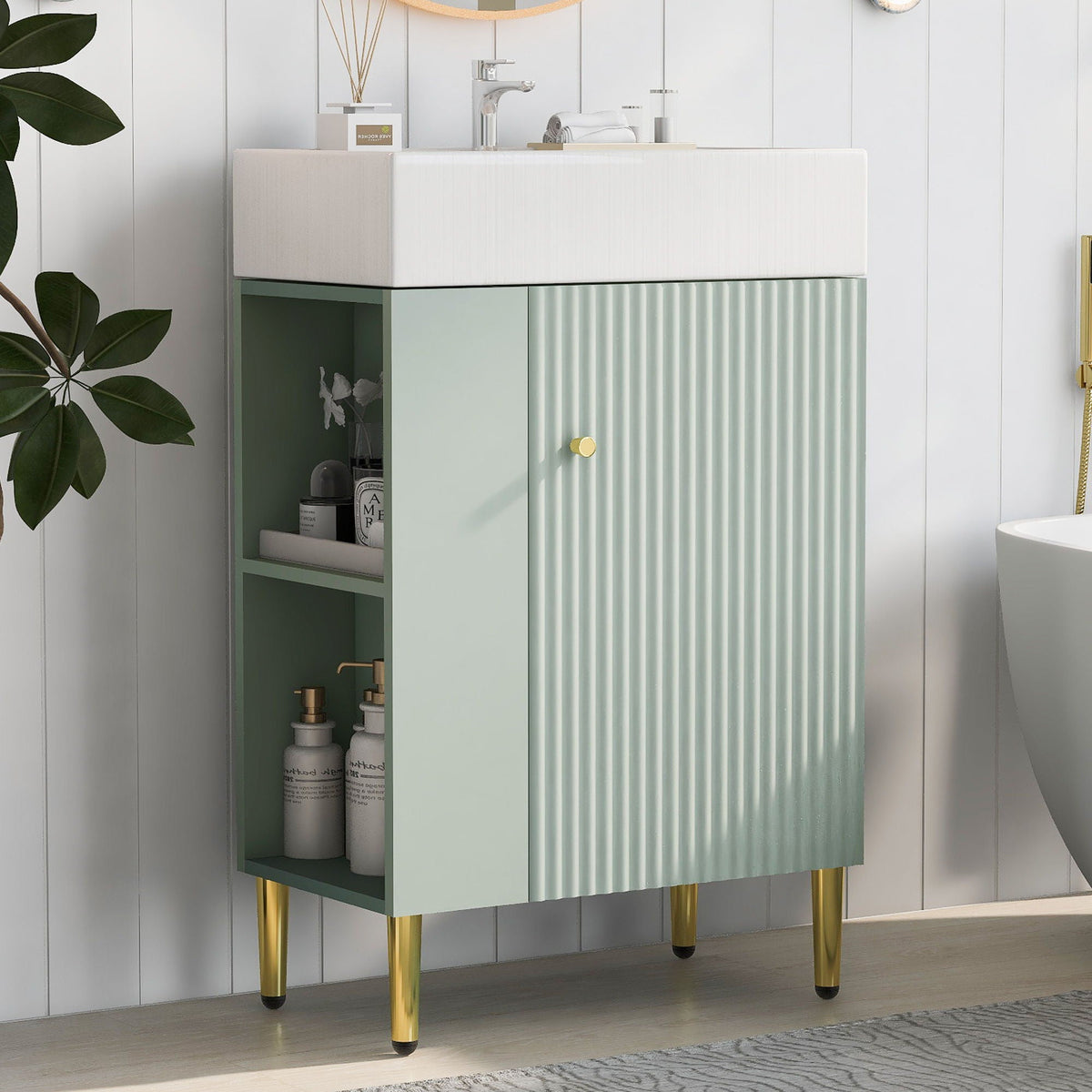 HouseOfZazla bathroom vanity with ceramic sink, mint ribbed cabinet, gold legs on Tampa Home & Garden Store