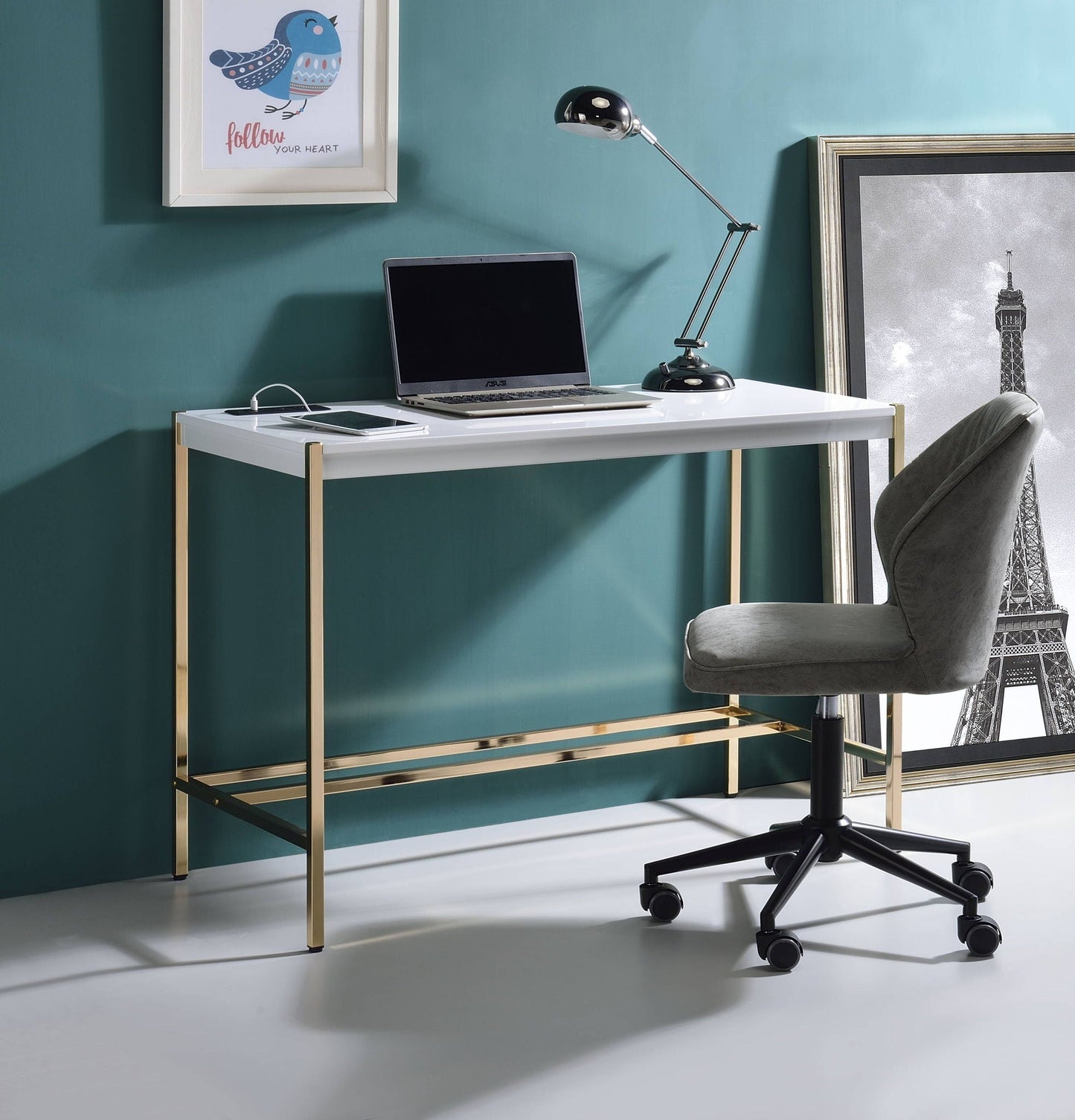Midriaks Writing Desk With USB, white top and gold metal legs, laptop and tablet on desk on Tampa Home & Garden Store