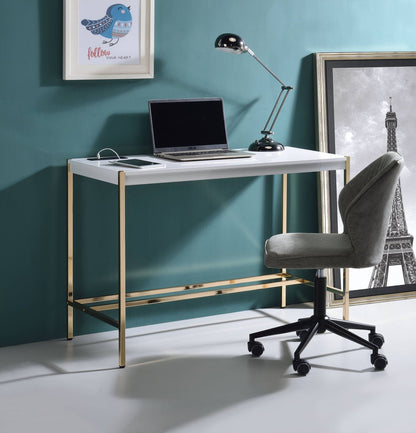 Midriaks Writing Desk With USB, white top and gold metal legs, laptop and tablet on desk on Tampa Home & Garden Store
