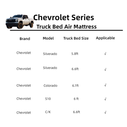 Truck bed air mattress by Dikasun Outdoor Chevrolet Series featuring five Silverado models and sizes on Tampa Home & Garden Store