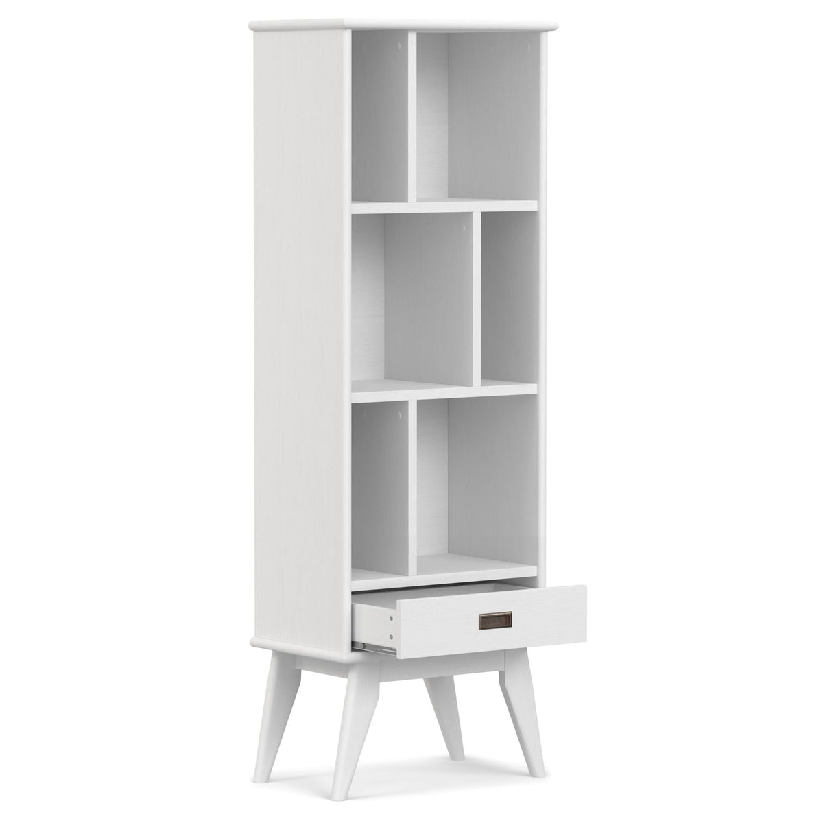 Mid Century Wide Bookcase with storage drawers in white, open cubbies, brand HouseOfZazla on Tampa Home & Garden Store