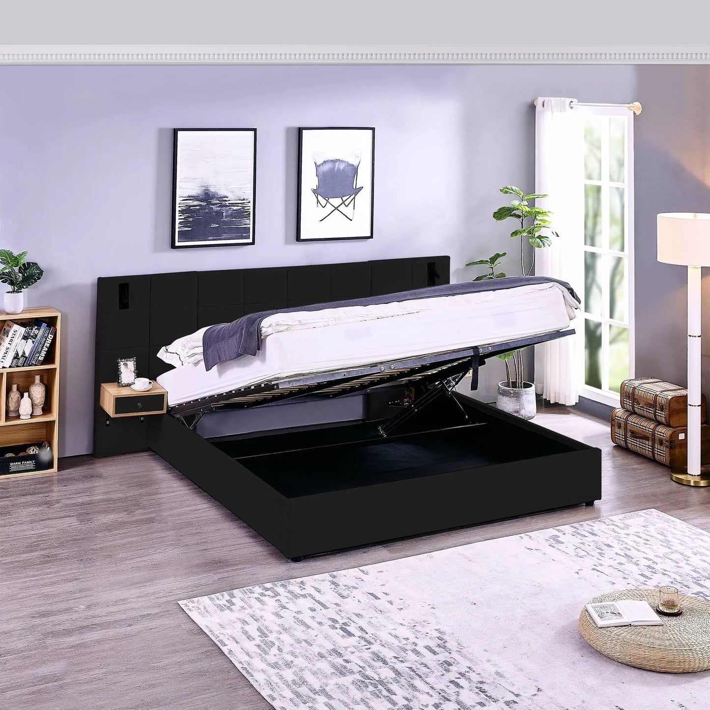 Upholstered hydraulic platform bed with black finish, storage shelves and USB port on Tampa Home & Garden Store