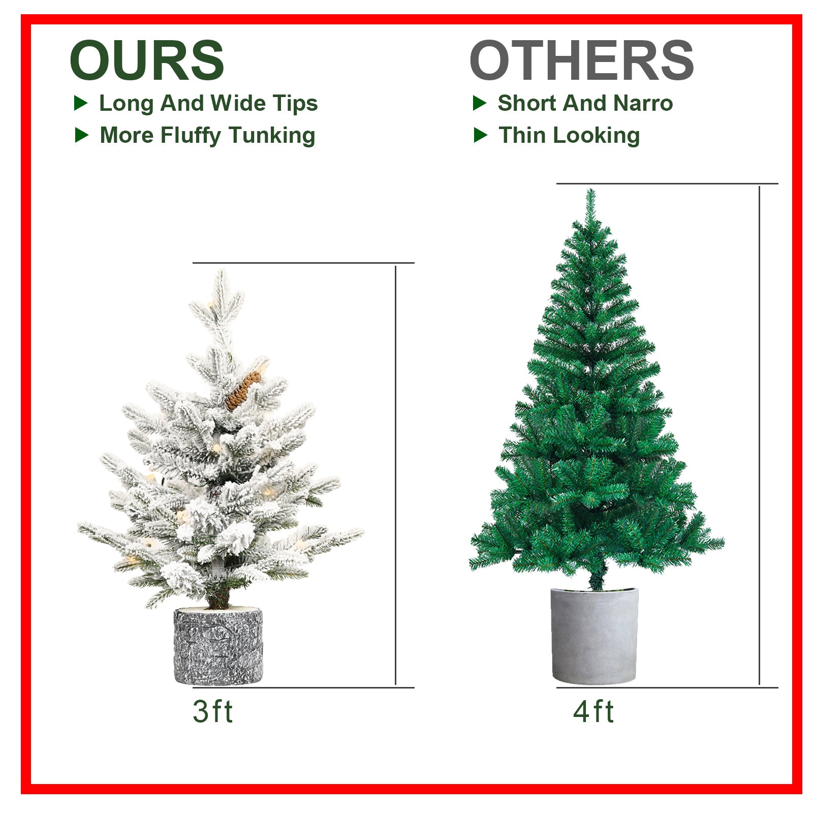 2FT Flocked Christmas Tree with Pot Base left white flocked 3ft tree in birch-style pot, right green 4ft tree in gray cylinder pot on Tampa Home & Garden Store