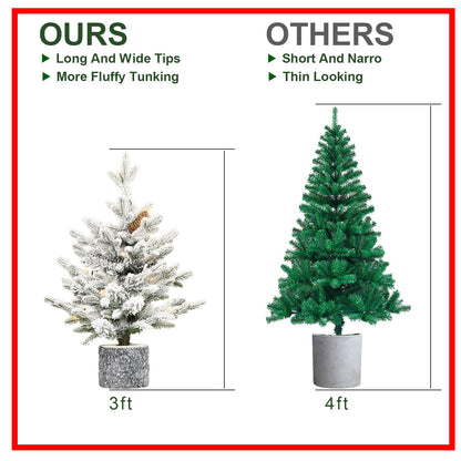 2FT Flocked Christmas Tree with Pot Base left white flocked 3ft tree in birch-style pot, right green 4ft tree in gray cylinder pot on Tampa Home & Garden Store
