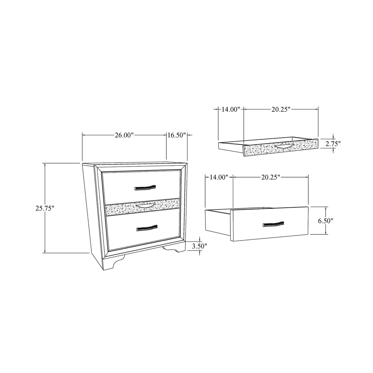Sparkle Nightstand with Three Drawers Gray by HouseOfZazla, dimensioned blueprint on Tampa Home & Garden Store