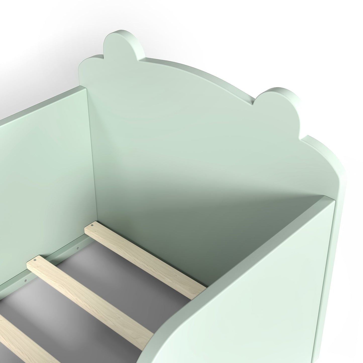 Toddler bear-shaped floor bed frame in pale green with wooden slat base on Tampa Home & Garden Store