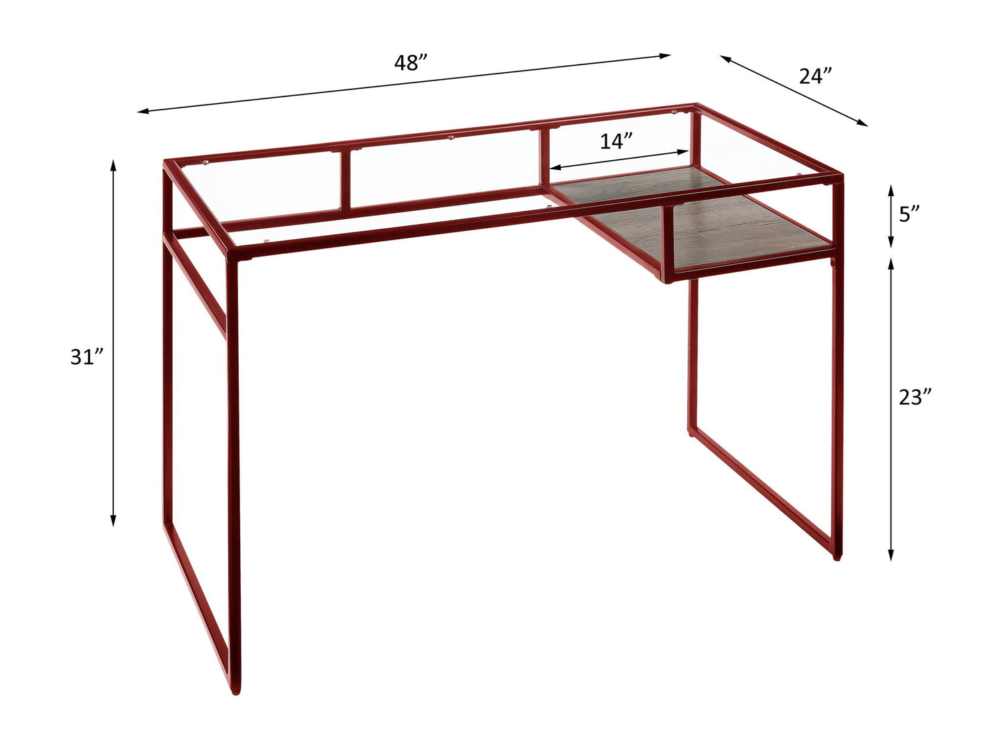 Yasin Glass Top Writing Desk red metal frame with glass panels and wood shelf by HouseOfZazla on Tampa Home & Garden Store