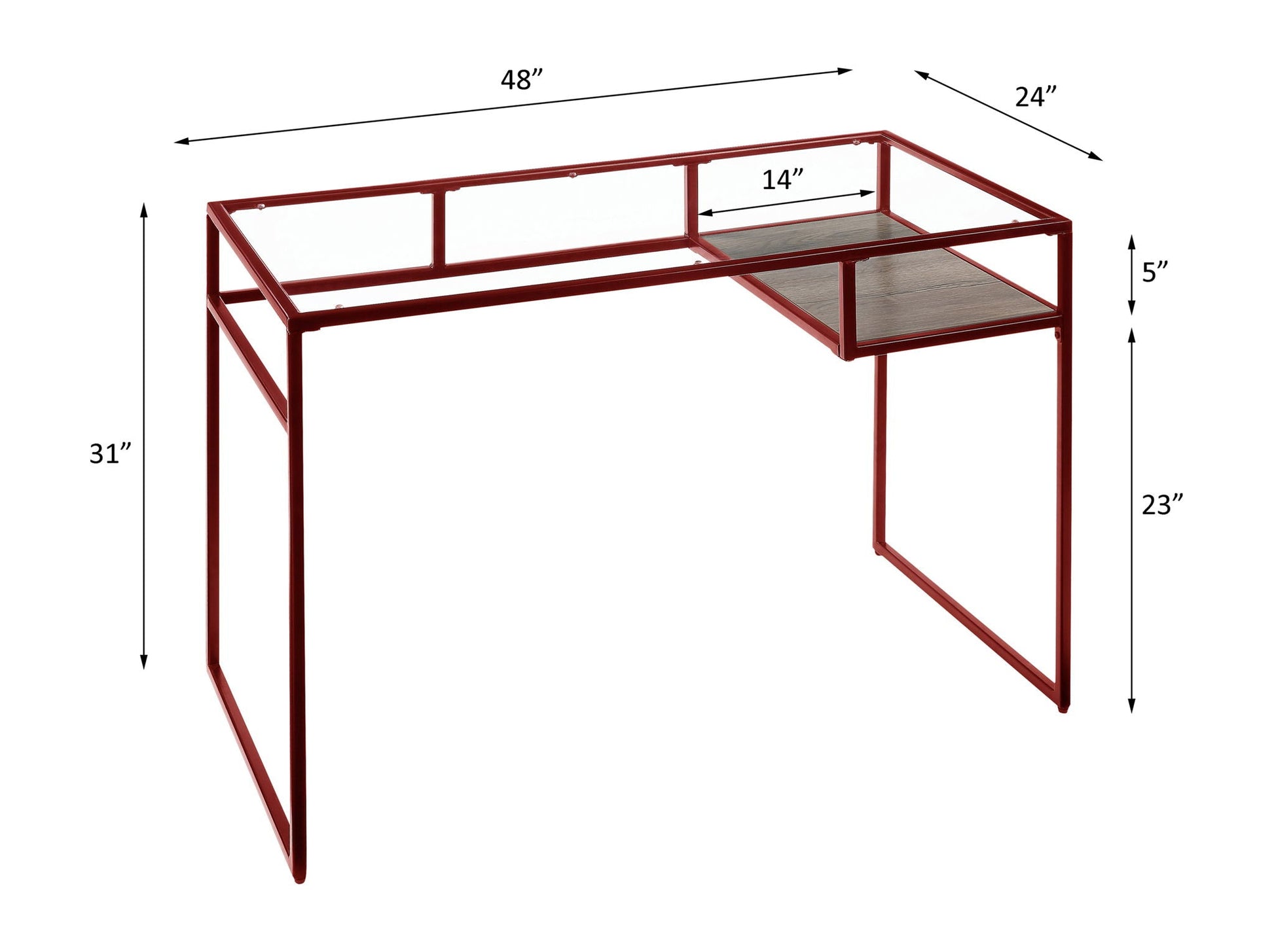 Yasin Glass Top Writing Desk red metal frame with glass panels and wood shelf by HouseOfZazla on Tampa Home & Garden Store