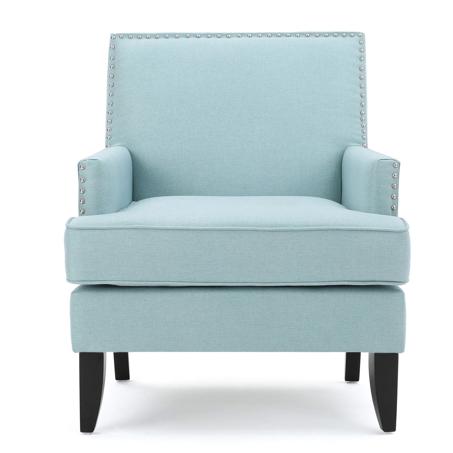 Serenada upholstered club chair in light blue fabric with nailhead trim and birch legs on Tampa Home & Garden Store