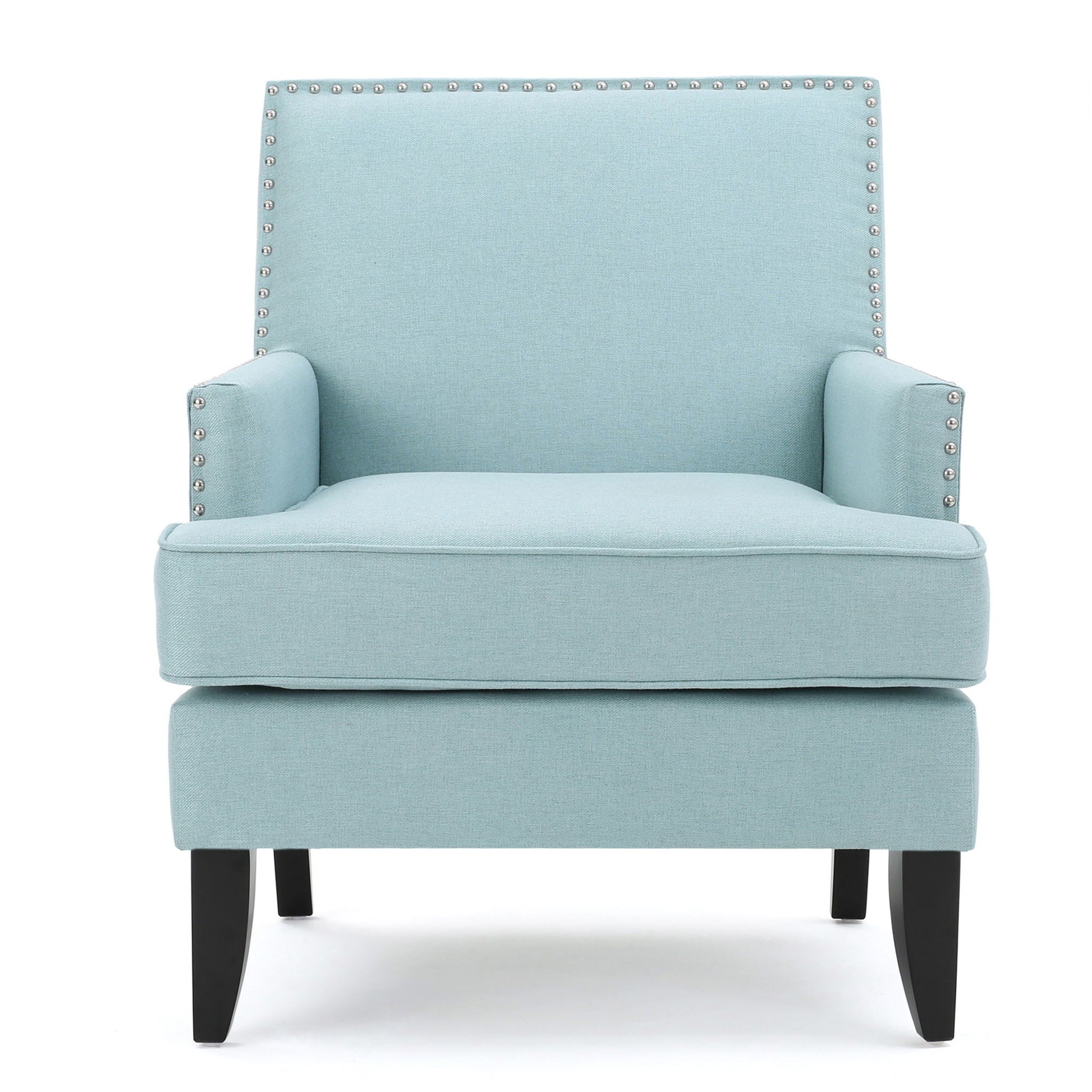 Serenada upholstered club chair in light blue fabric with nailhead trim and birch legs on Tampa Home & Garden Store