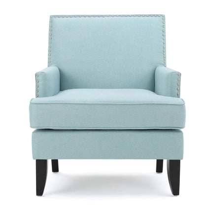 Serenada upholstered club chair in light blue fabric with nailhead trim and birch legs on Tampa Home & Garden Store