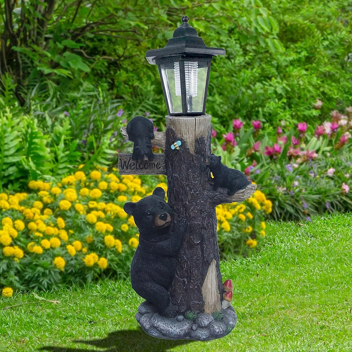 Black bear statue welcome sign garden sculpture with solar light by HouseOfZazla on Tampa Home & Garden Store