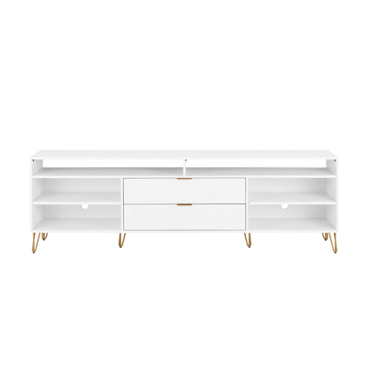 White fluted TV stand with storage drawers and gold metal legs HouseOfZazla on Tampa Home & Garden Store