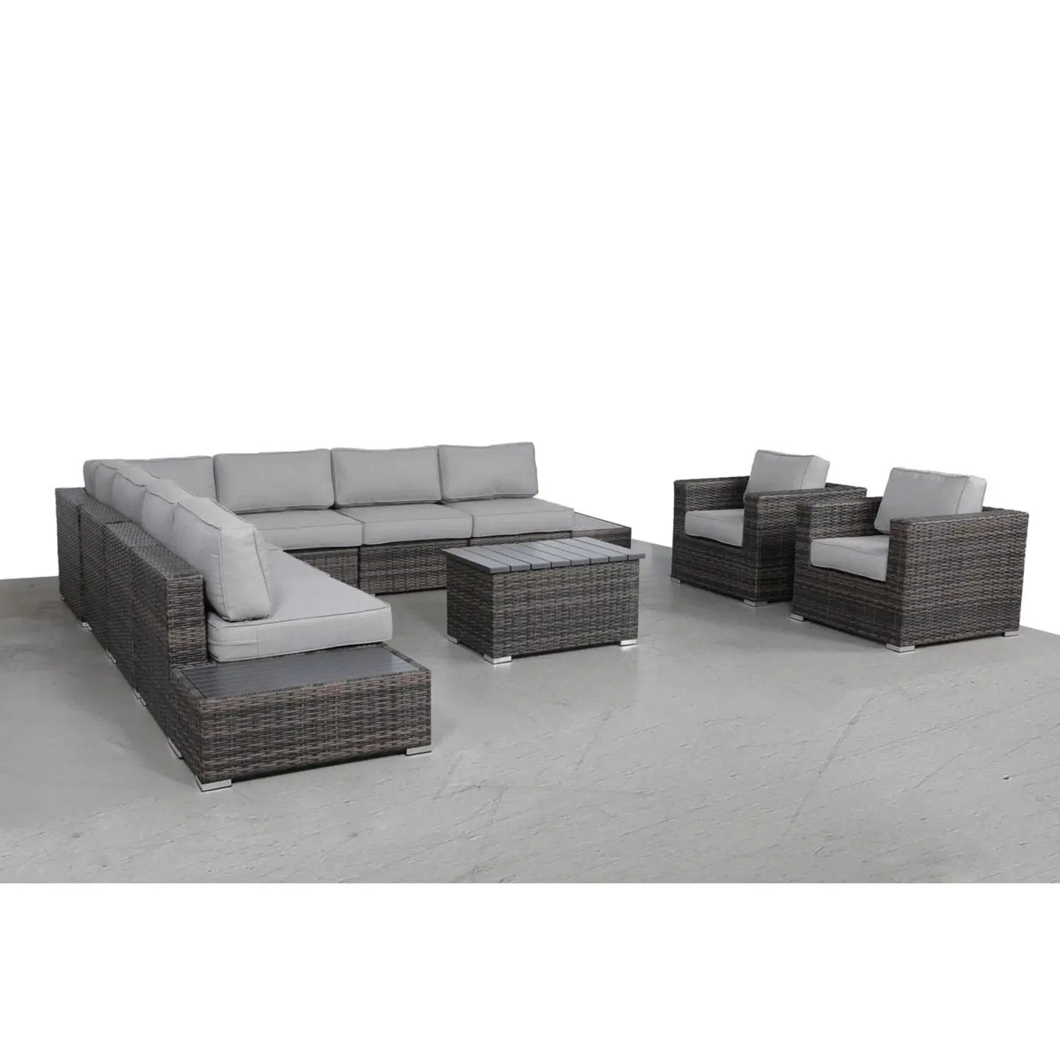 Stylish Entertainment Sectional Set in dark brown wicker with gray cushions outdoor seating on Tampa Home & Garden Store