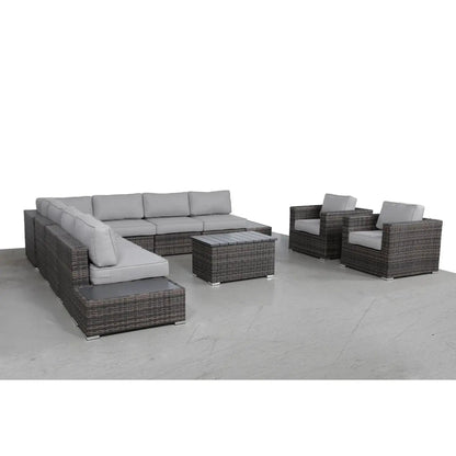 Stylish Entertainment Sectional Set in dark brown wicker with gray cushions outdoor seating on Tampa Home & Garden Store