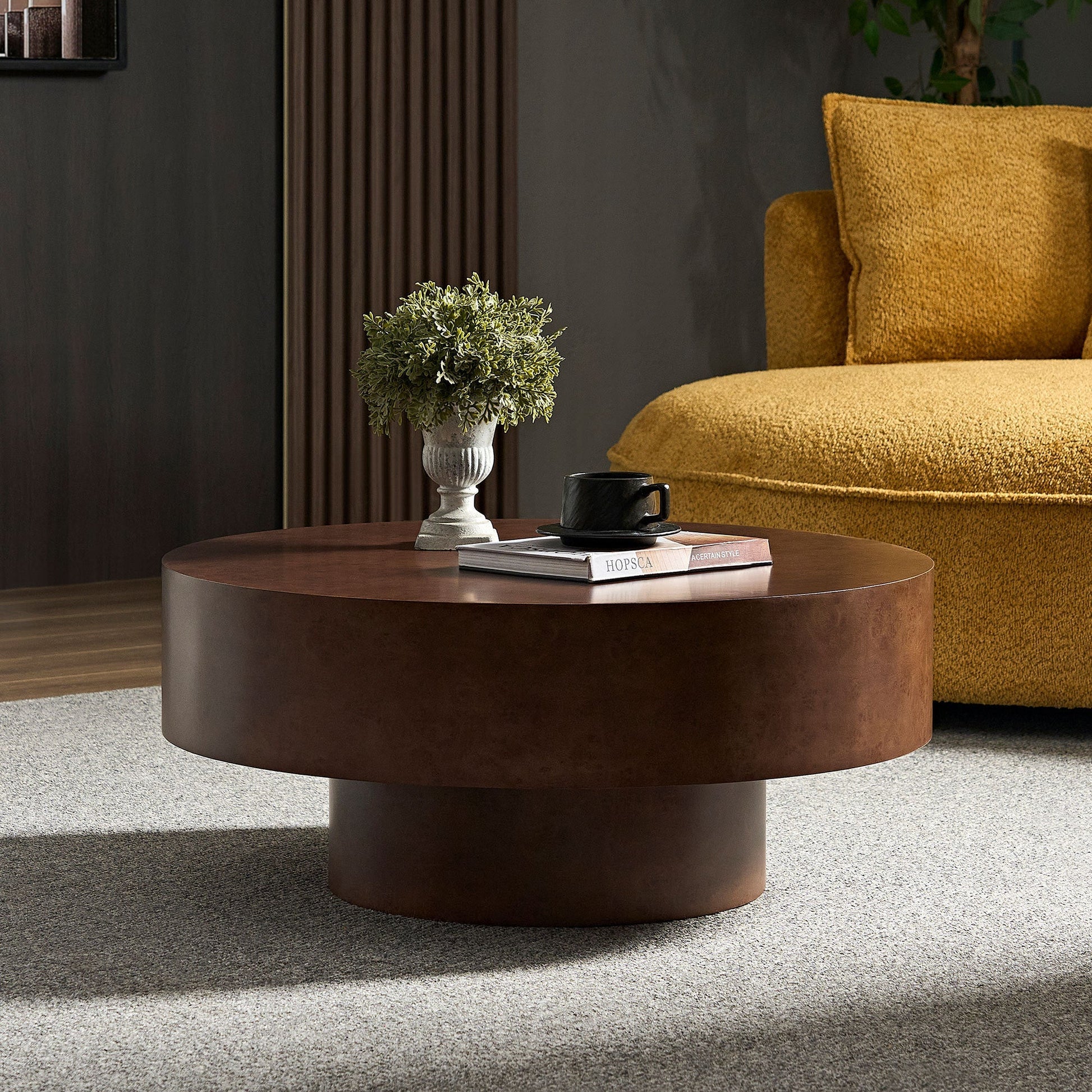 HouseOfZazla 31.49'' faux burl wood round coffee table with pedestal dark brown finish on Tampa Home & Garden Store