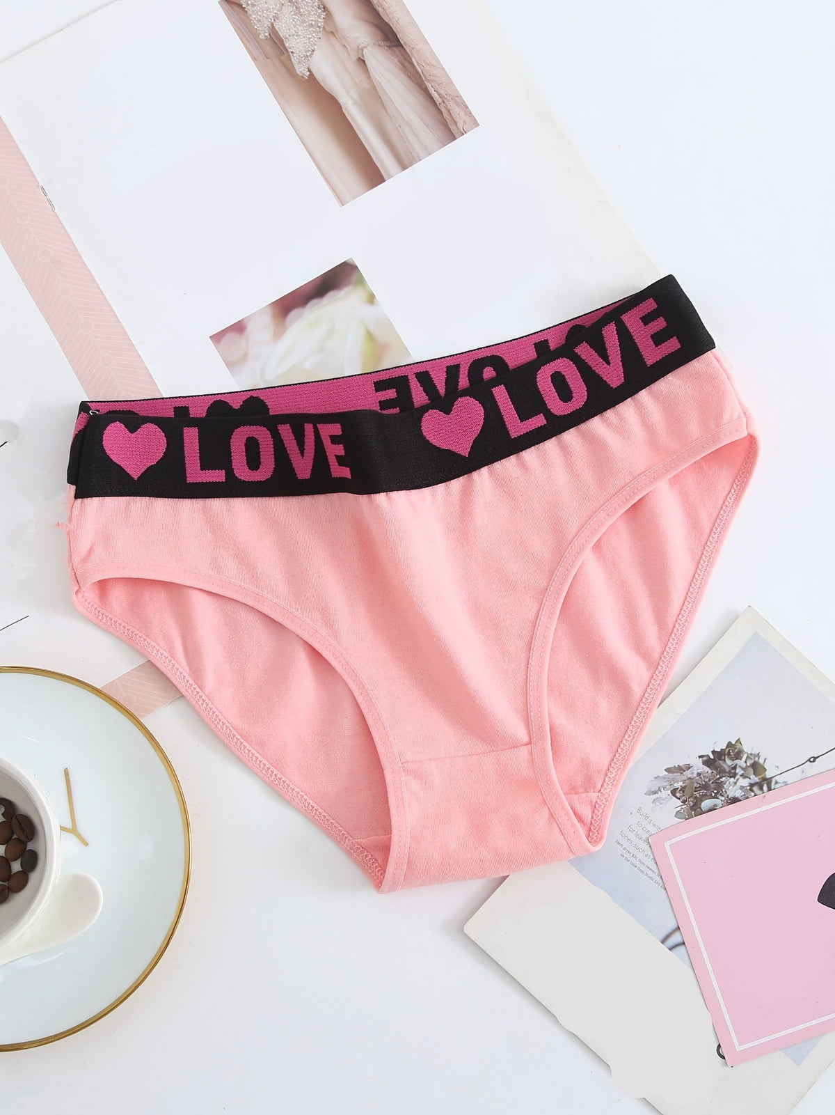 Stevvex pink cotton bikini briefs with black LOVE waistband, 6-pack seamless on Tampa Home & Garden Store