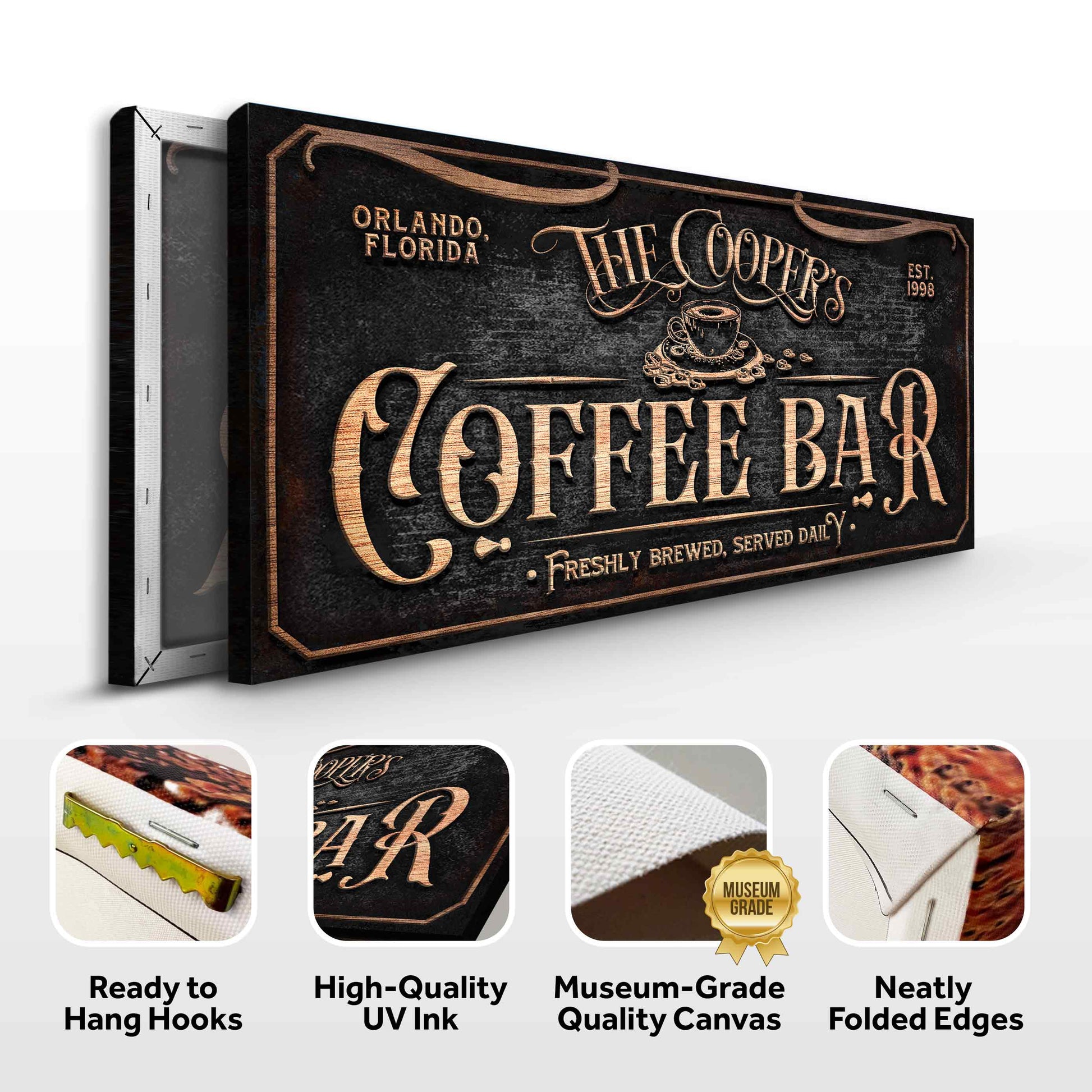 Personalized Coffee Bar Sign V canvas with copper-toned embossed lettering on black background on Tampa Home & Garden Store