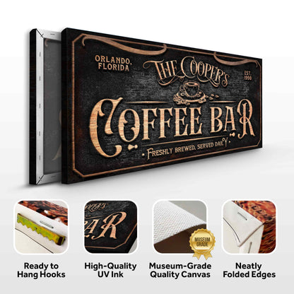 Personalized Coffee Bar Sign V canvas with copper-toned embossed lettering on black background on Tampa Home & Garden Store