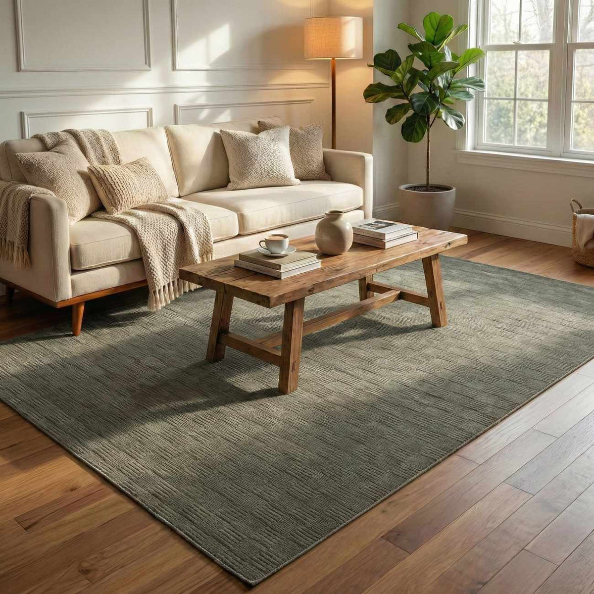 Kazuma Green Washable Area Rug by Boutique Rugs, sage-green woven texture for living room on Tampa Home & Garden Store