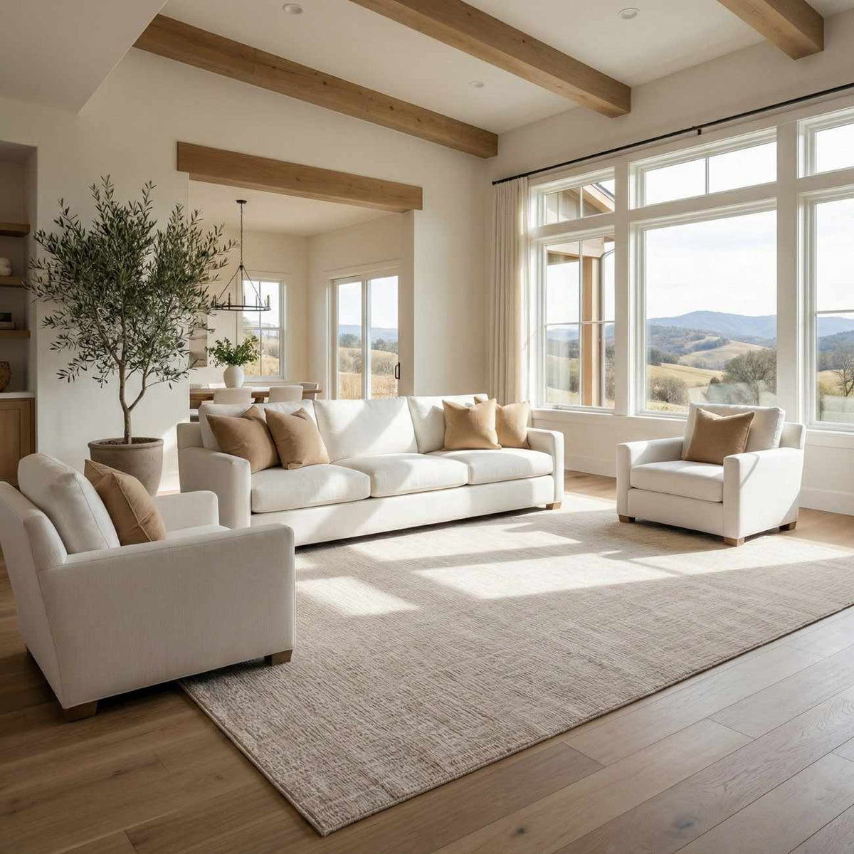 Leanna Cream Washable Area Rug by Boutique Rugs in a bright living room with cream furniture on Tampa Home & Garden Store