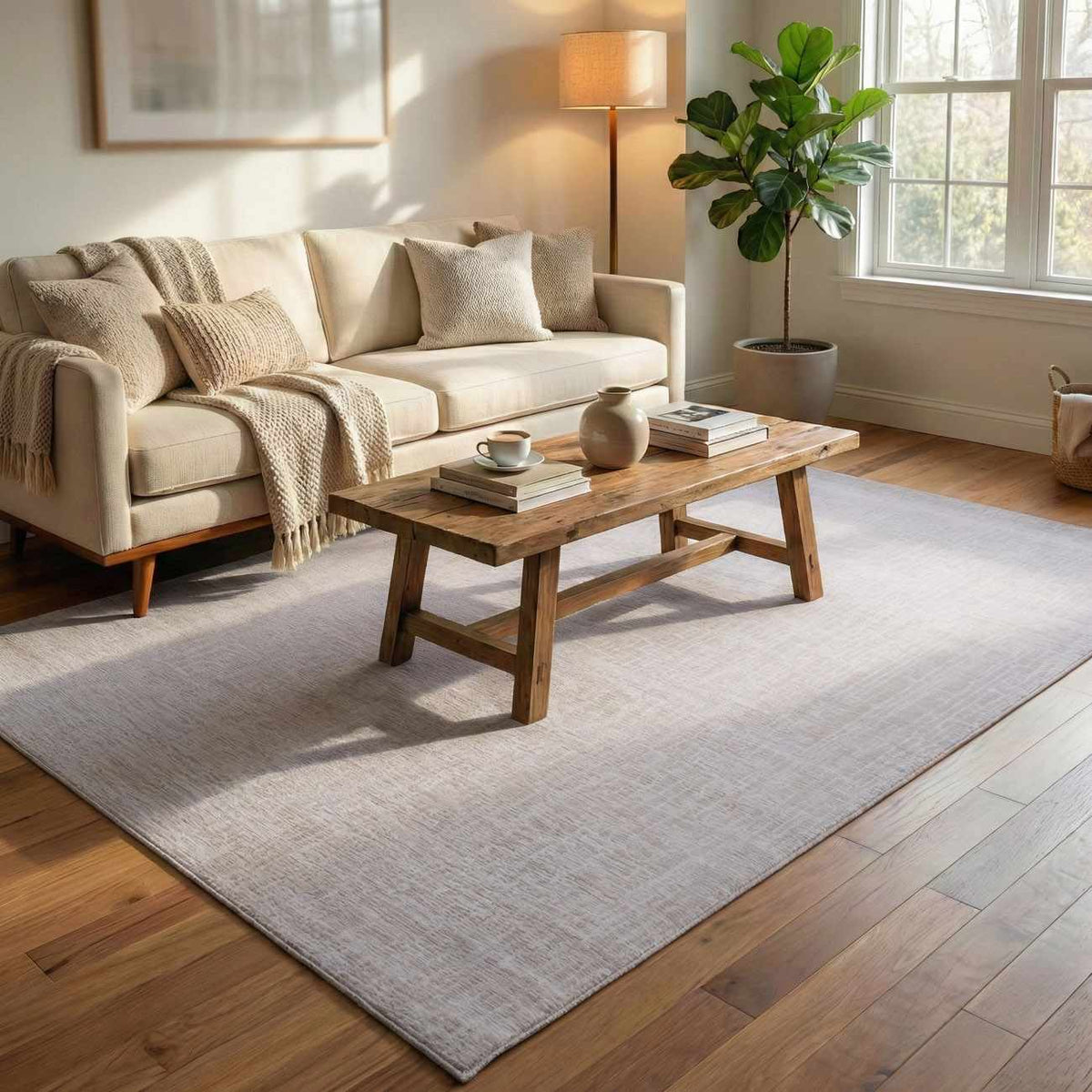 Leanna Cream Washable Area Rug by Boutique Rugs, cream color, in a cozy beige living room on Tampa Home & Garden Store