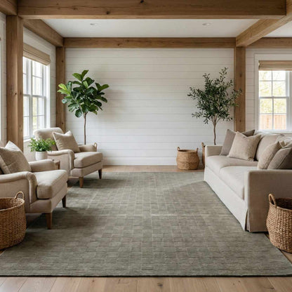 Kazuma Green Washable Area Rug by Boutique Rugs in a neutral living room on Tampa Home & Garden Store