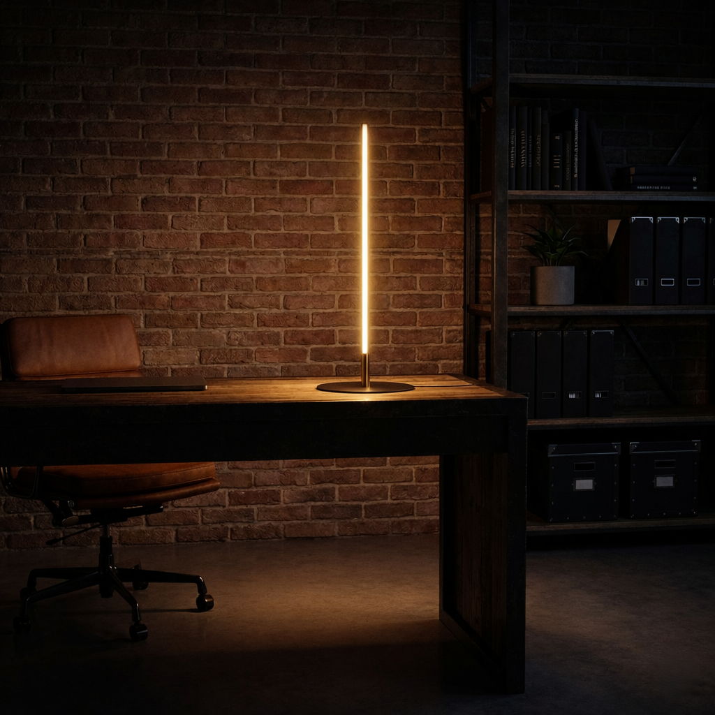 Dimond LED table lamp with on/off switch, black/gold, round base on a wooden desk on Tampa Home & Garden Store