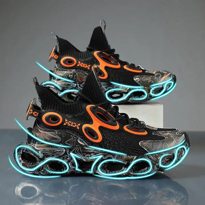 Galaxy Blade Sneaker FLIPSTYLEZLLC black upper with orange accents and neon blue glow on sole on Tampa Home & Garden Store
